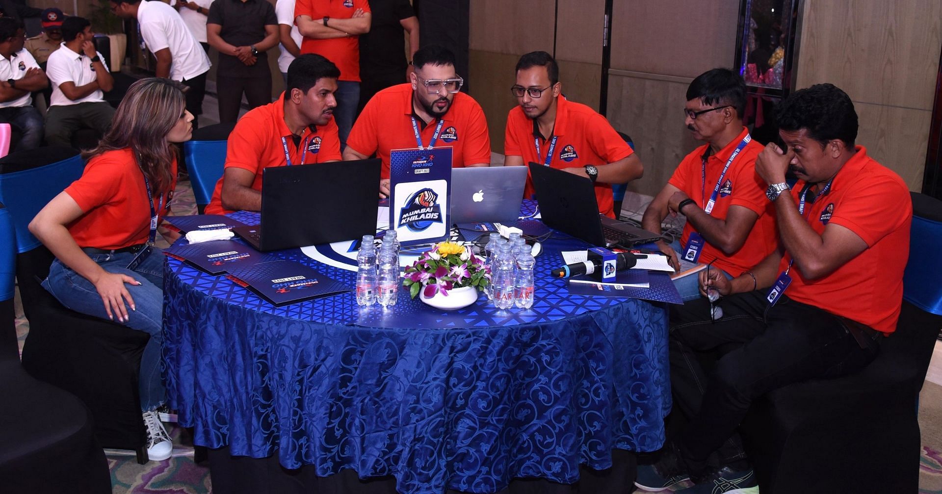 Mumbai Khiladis co-owners Punil Balan (2nd left) and popular singer Badshah during the draft in Pune. (Pic credit: Ultimate Kho Kho)